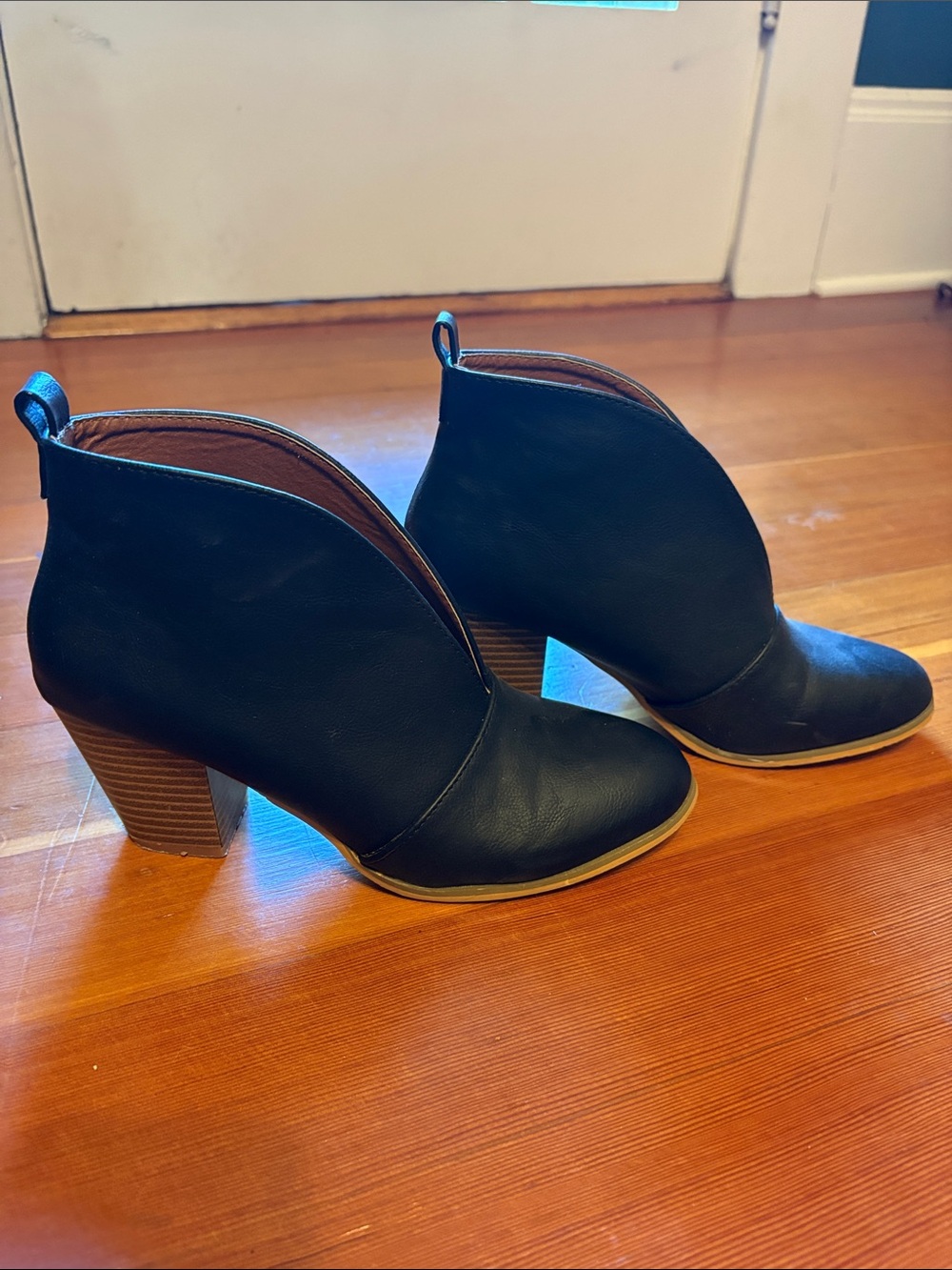Women’s Black Leather Block Heel Ankle Booties